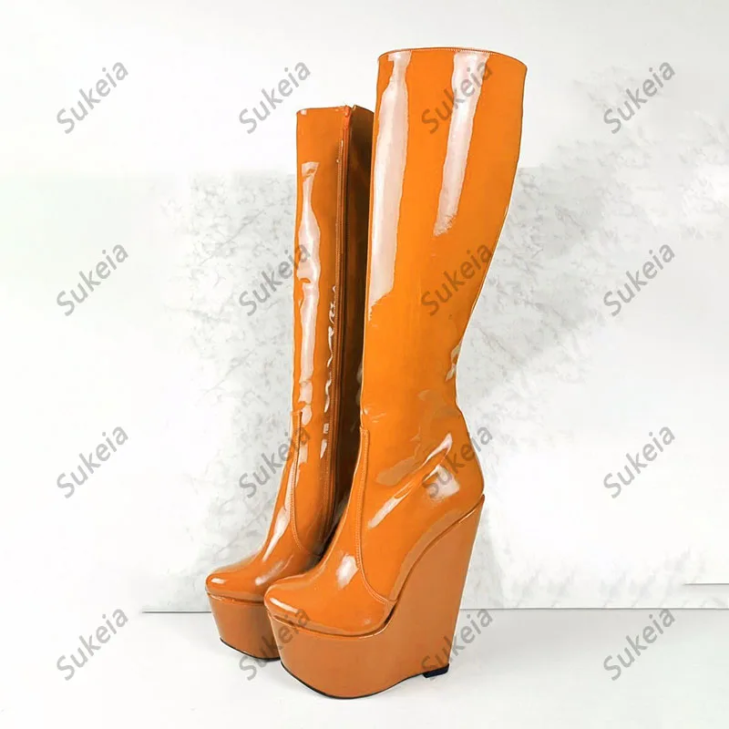 Sukeia Handwork Women Winter Knee Boots Patent Wedges Heels Round Toe Fabulous Red Green Blue Club Shoes Ladies US Size 5-20