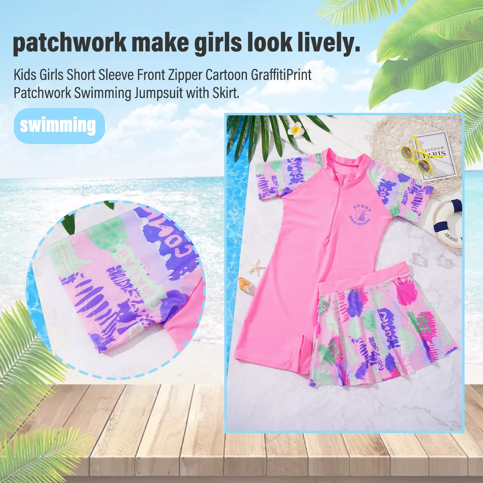 Desenhos animados Graffiti Print Patchwork Curto Macacão De Natação Com Saia Para Meninas, Fecho De Zíper Frontal, Praia Banho Swimwear, Crianças