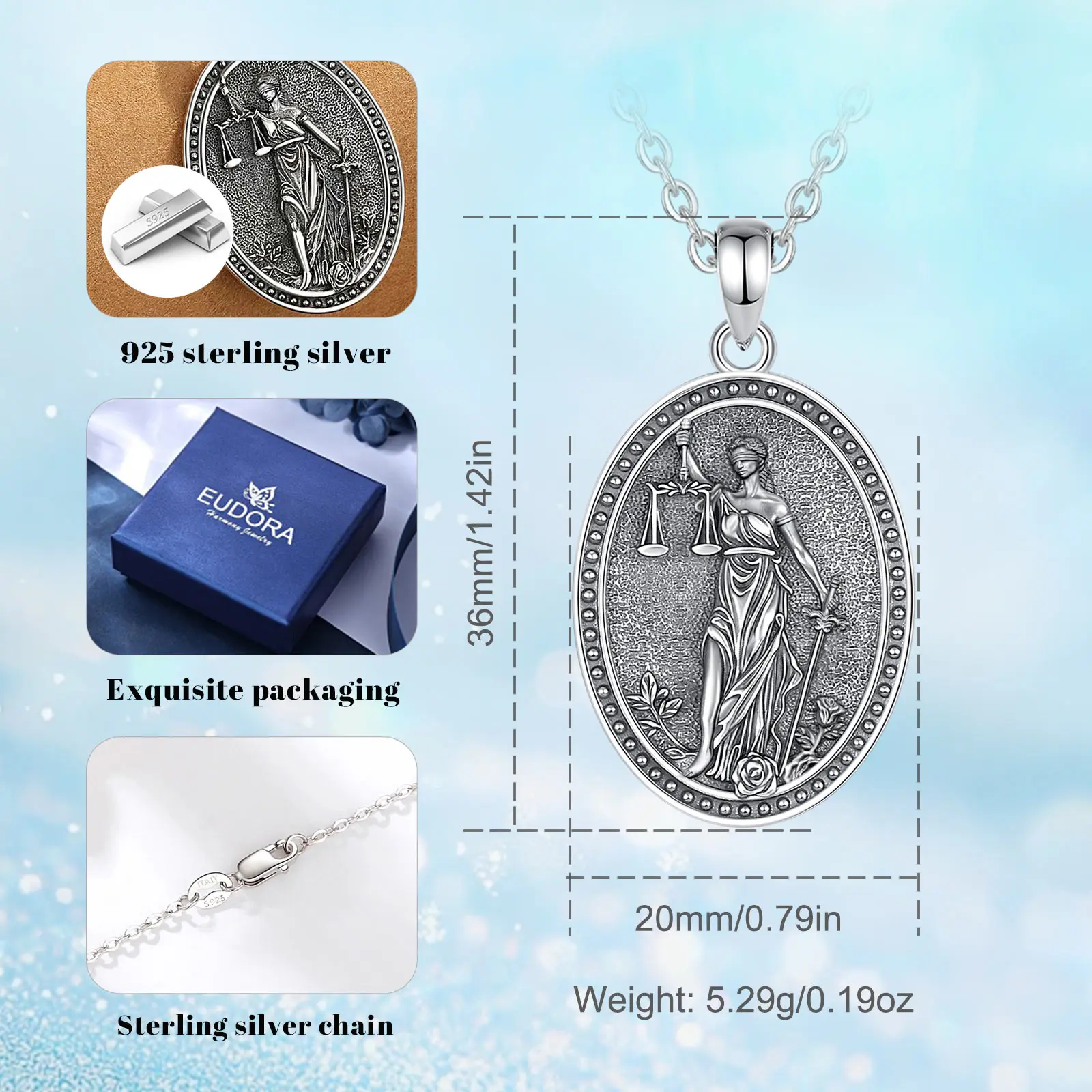 Eudora 925 Sterling Silver Themis goddess of justice Necklace Sword Balance Scales Pendant Greek Mythology Jewelry Unisex Gift