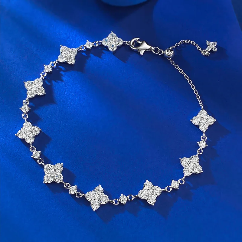 

S925 Silver 2024 New Full Diamond Flower Style Simple Sweet and Stylish Diamond Set Silver Bracelet for Women