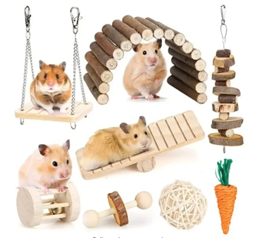 8pcs Cute Rabbit Roller Toys Natural Wooden Pine Dumbells Unicycle Bell Chew Toys for Guinea Pigs Rat Small Pet Molars Supplies