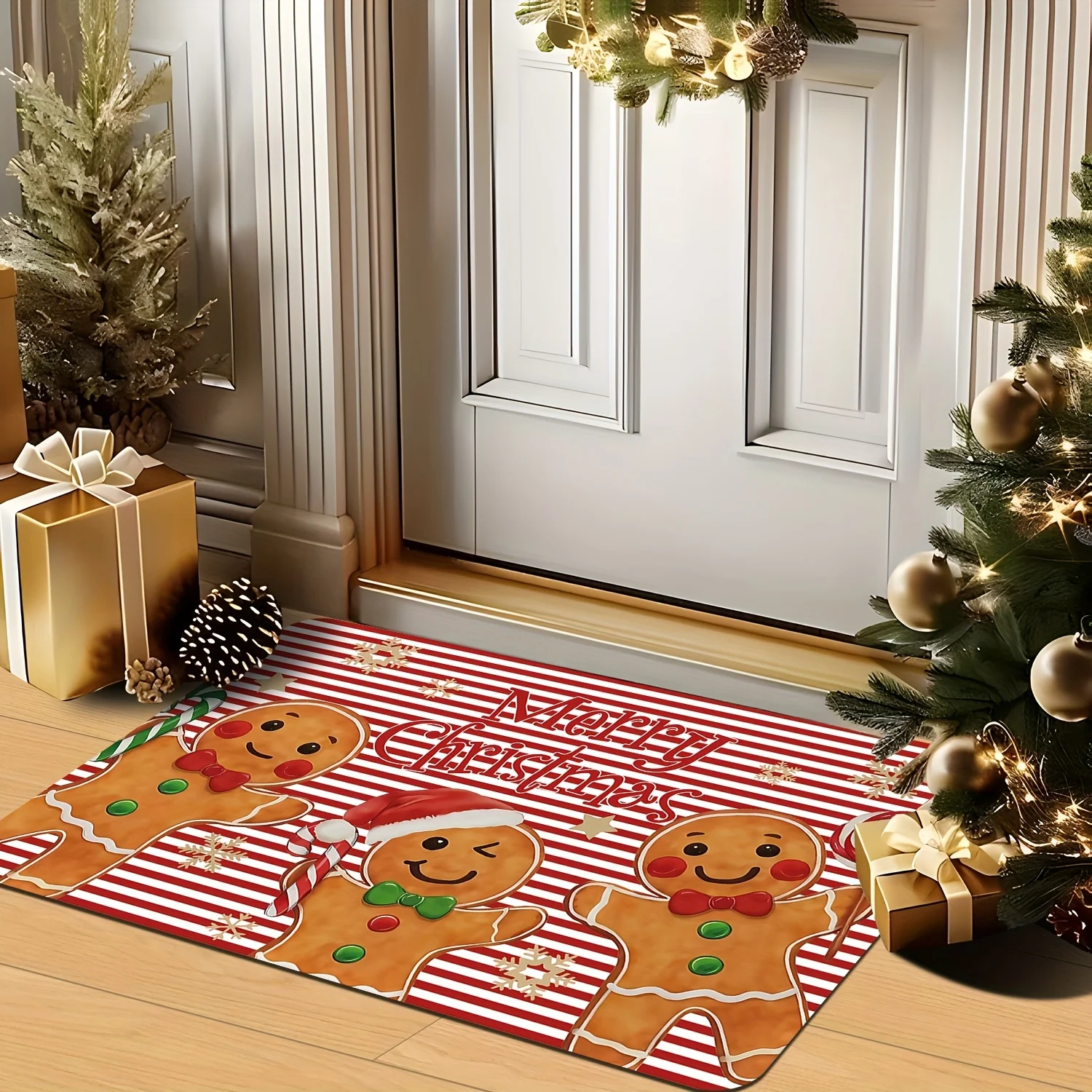 Christmas Gingerbread House Pink Snow Floor Doormat Cute Holiday Entrance Welcome Carpet