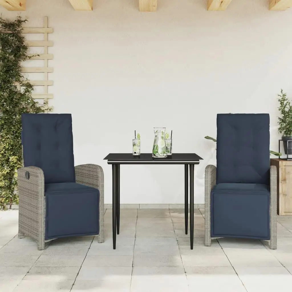 

Grey PE Rattan Bistro Set 3 Piece Outdoor Furniture with Adjustable Footrests for Patio Garden Balcony