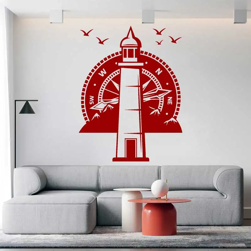 Lighthouse Compass Nautical Travel Vinyl Wall Decal Beach Style Mountain Bird Compass Adventure Home Living Room Kids Room Decor