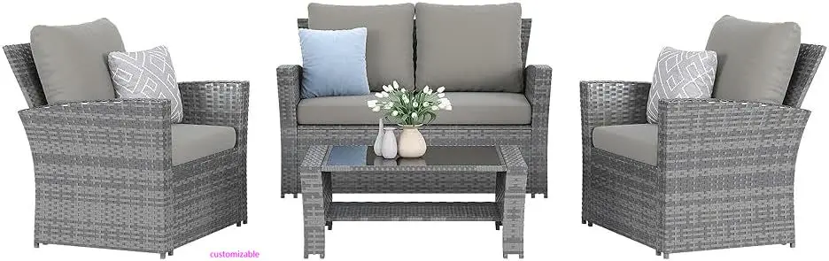 4-teiliges graues, wasserdichtes PE-Korbsofa-Set für den Außenbereich mit grauen Kissen, wetterfeste Terrassenmöbel für Balkon, Veranda