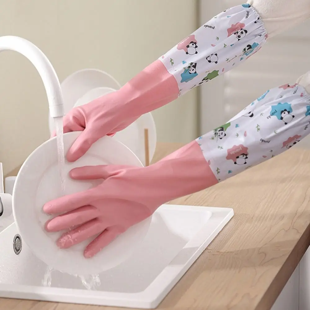 Long Sleeves Elastic Band Mouth Rubber Gloves Cute Panda Pattern Waterproof Dishwashing Cleaning Gloves Kitchen Cleaning Tool