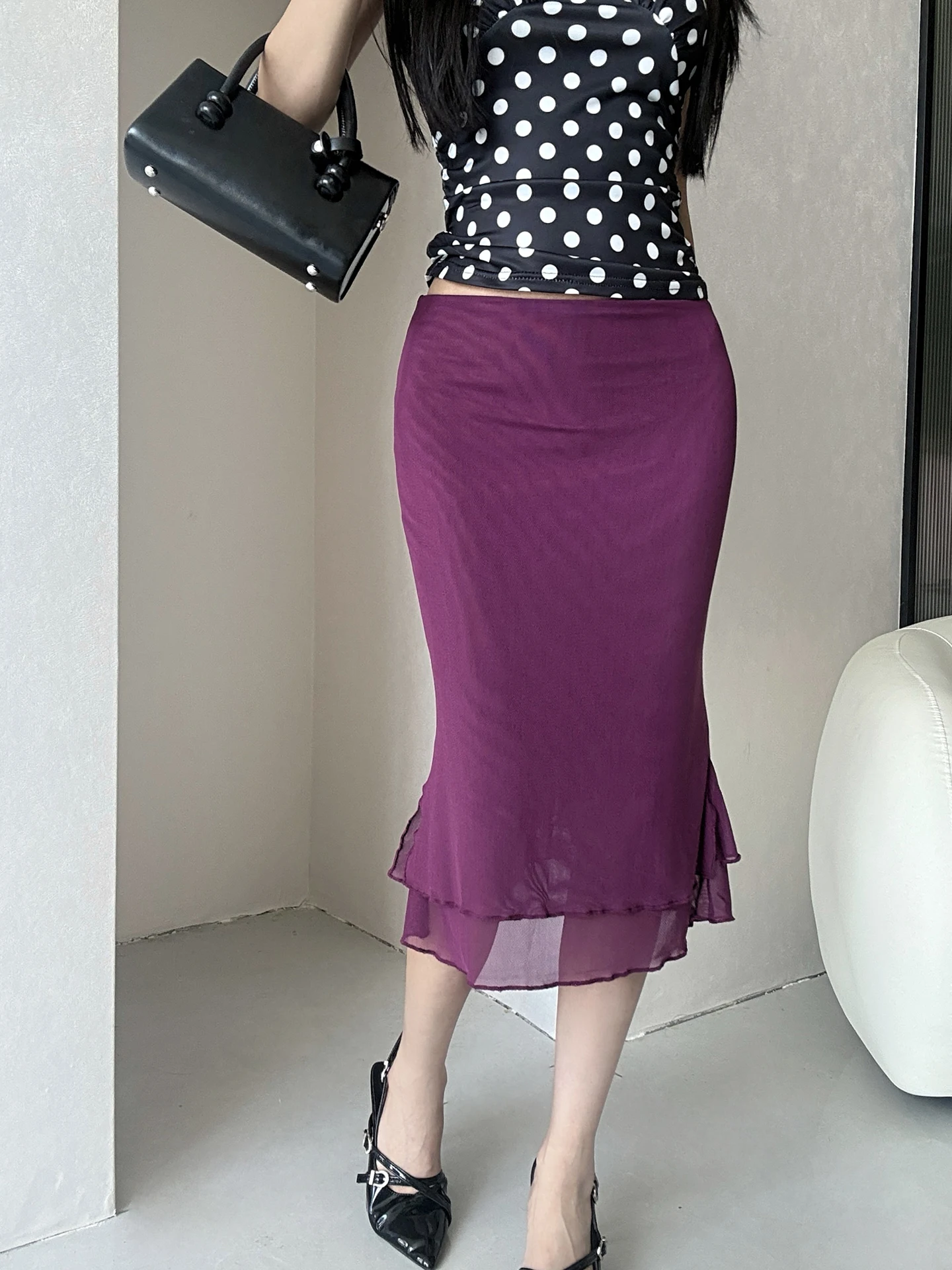 MianCun Pure Desire Sexy High Waist Slimming Mesh Skirt with Wood Grain Ruffle Fish Tail Mid-Length Bodycon Half-length Skirt