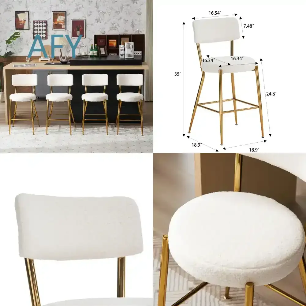 Set of 4 Modern Teddy Fabric Upholstered Bar Stools for Kitchen Dining Living Room Metal Base High Stool for Home Bar Counter