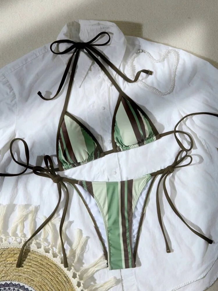 

Сексуальный зеленый полосатый микро-бикини 2025: женский купальник с лямкой через шею, пуш-ап, завязками сбоку и стрингами, для летнего отдыха, бандажный купальный костюм