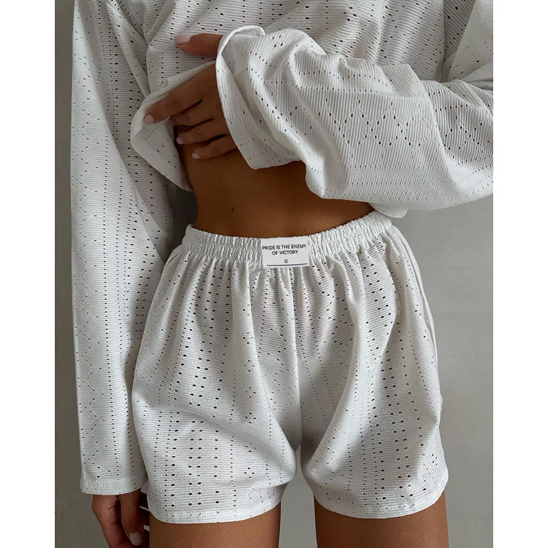 

Women Pajamas Two Shorts Piece Set Slim Fitness Loose Long Sleeve Pullover Shorts Summer Sleepwear Hollow Out Mujer Nightwear