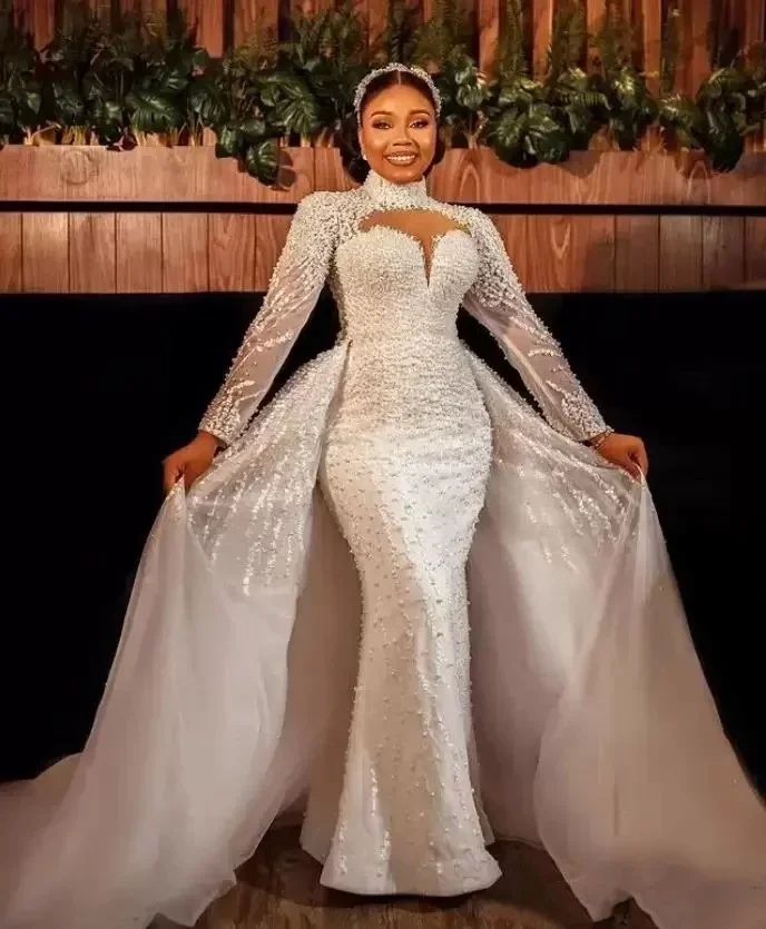 

Customized Customize Mermaid Long Sleeves Satin High Quality Tail 2 Wear Detachable Wedding Dresses