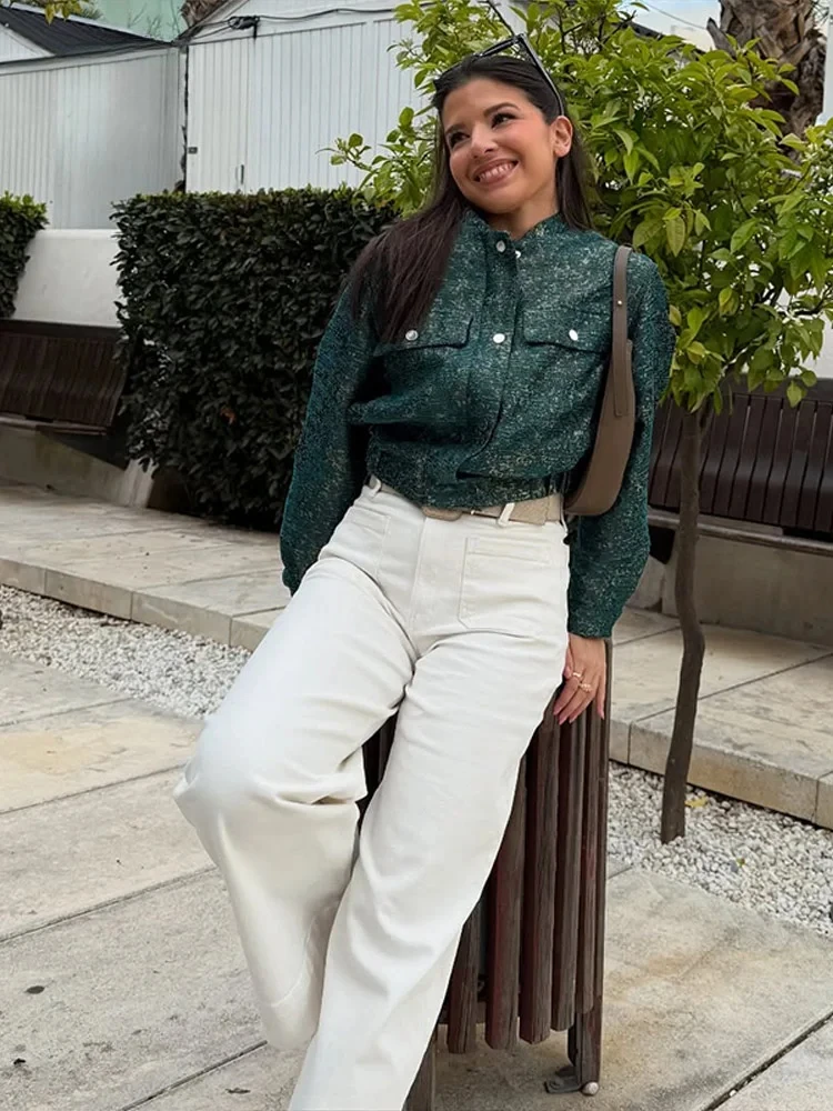 سترات نسائية قصيرة عصرية فضفاضة بياقة واقفة وصدر واحد وأكمام طويلة معاطف نسائية ربيعية ملابس خارجية للشارع #6