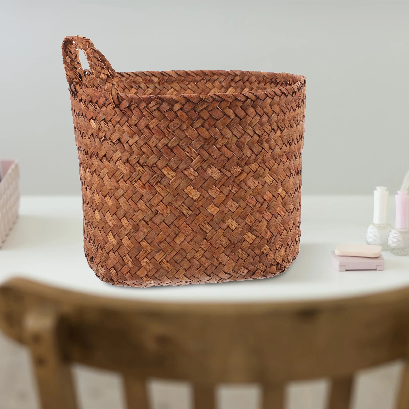 

1pcs Straw Woven Cat Ears Basket Large Size Coffee Color Handmade Storage Baskets for Home Desktop Decor Key Organizer