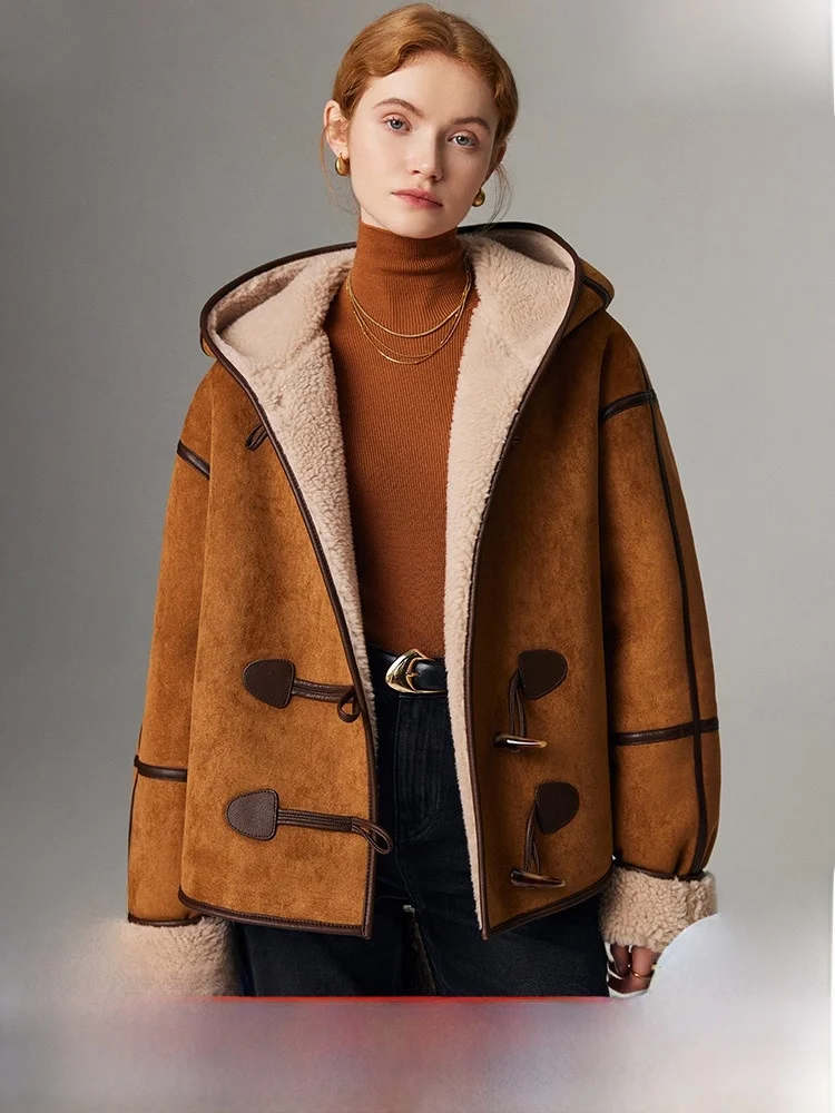

Young Sle Lamb Fur Jaet Women's Casual Hooded Leather And Fur Inteated Coat Korean Version Thiened Long Sve Coat
