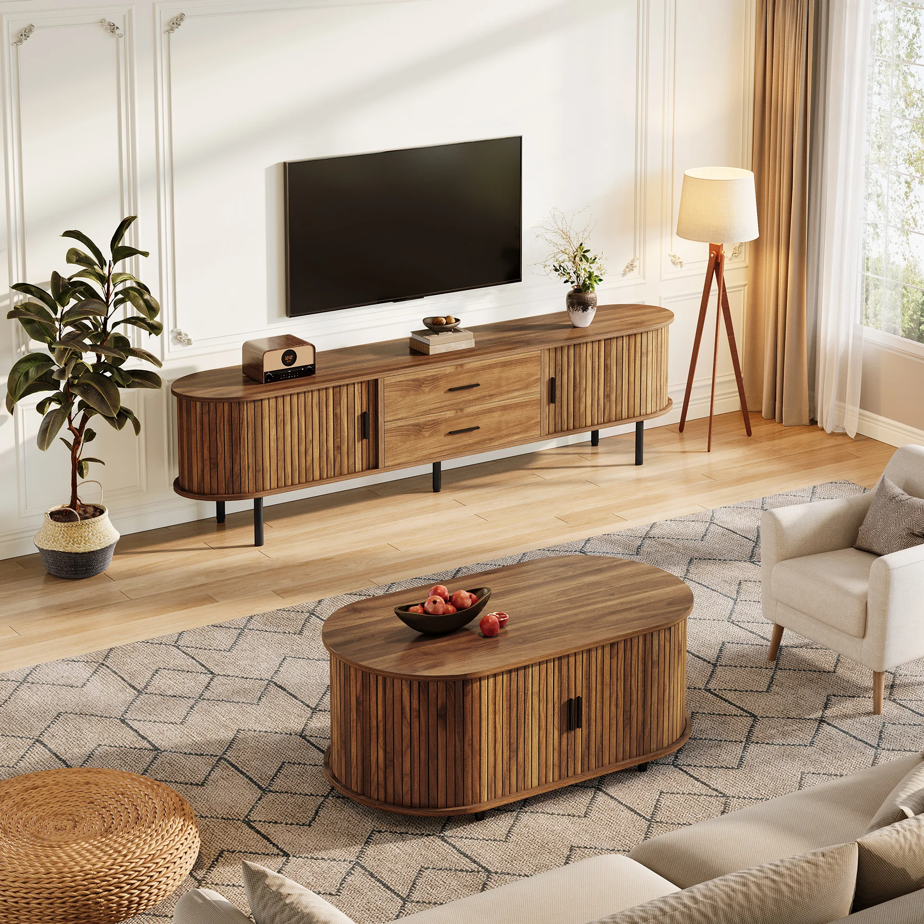 70" Mid‑Century Modern TV Stand with Sliding Tambour Door & Fluted Design 5