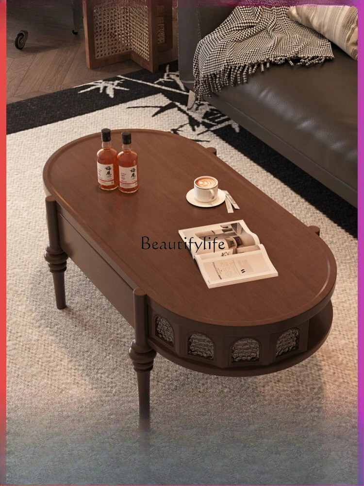 

American retro solid wood coffee table living room household small apartment designer French round coffee table