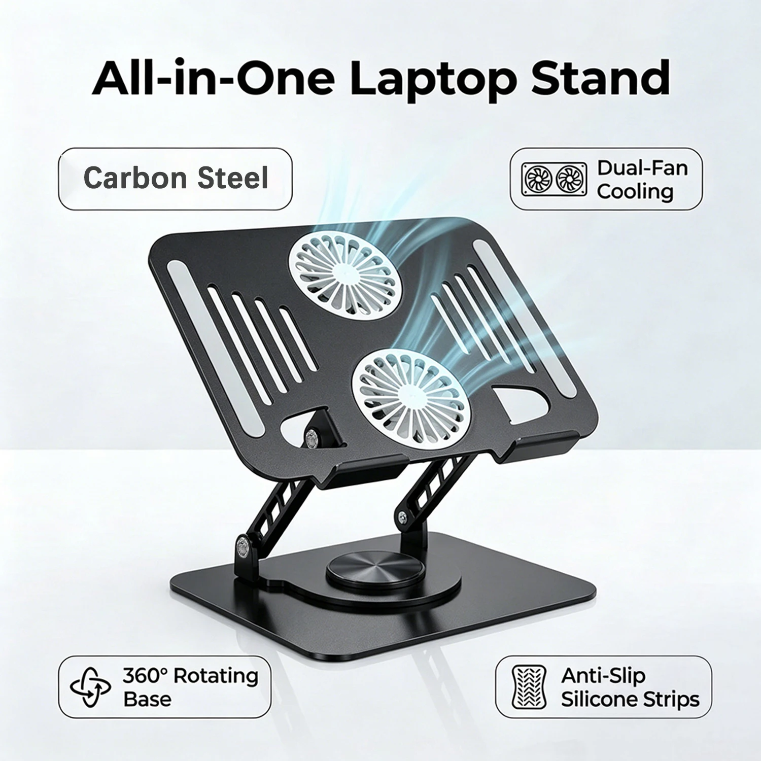 laptop-stand-360°-rotating-with-dual-fan-carbon-steel-height-adjustable-foldable-usb-holder-for-16-laptop-anti-slip-silicone