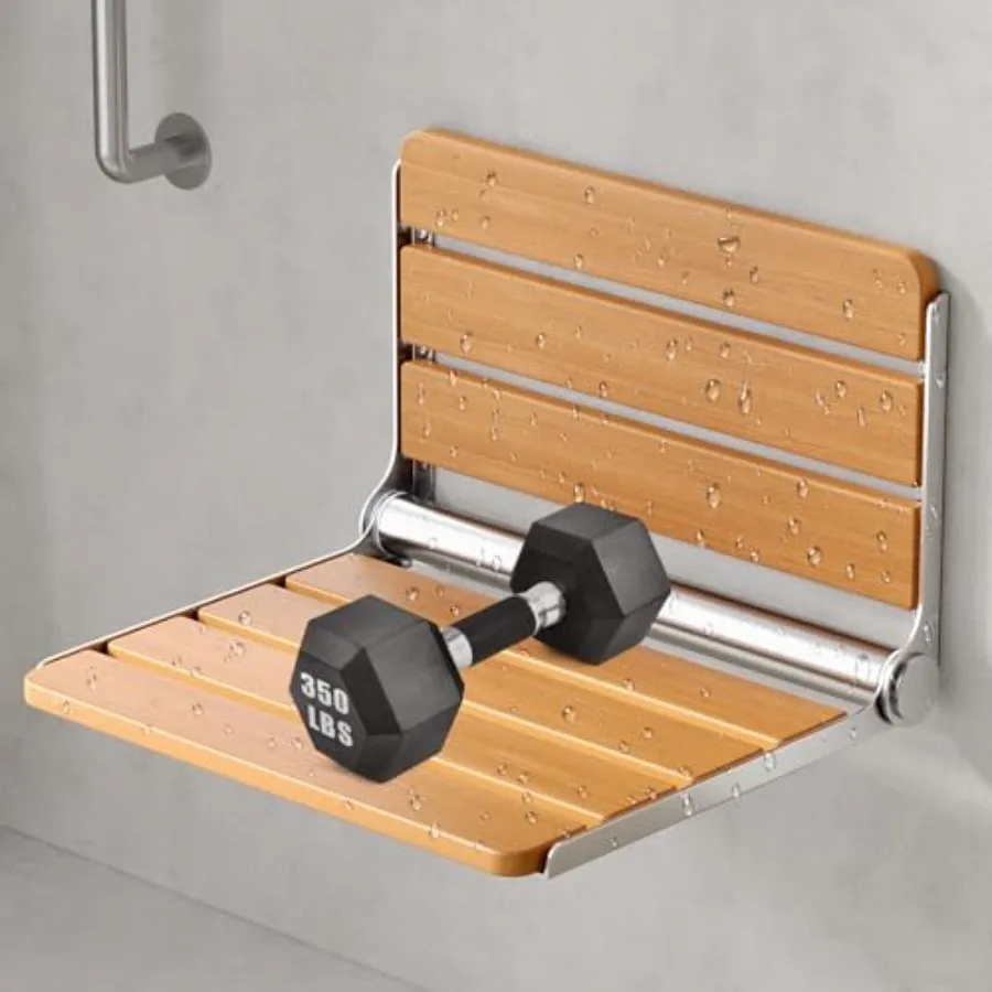 

16 Foldable Shower Seat Wall Mounted ADA Compliant with Teak Stainless Steel Anti-Slip Waterproof Folding Shower Bench for Elde