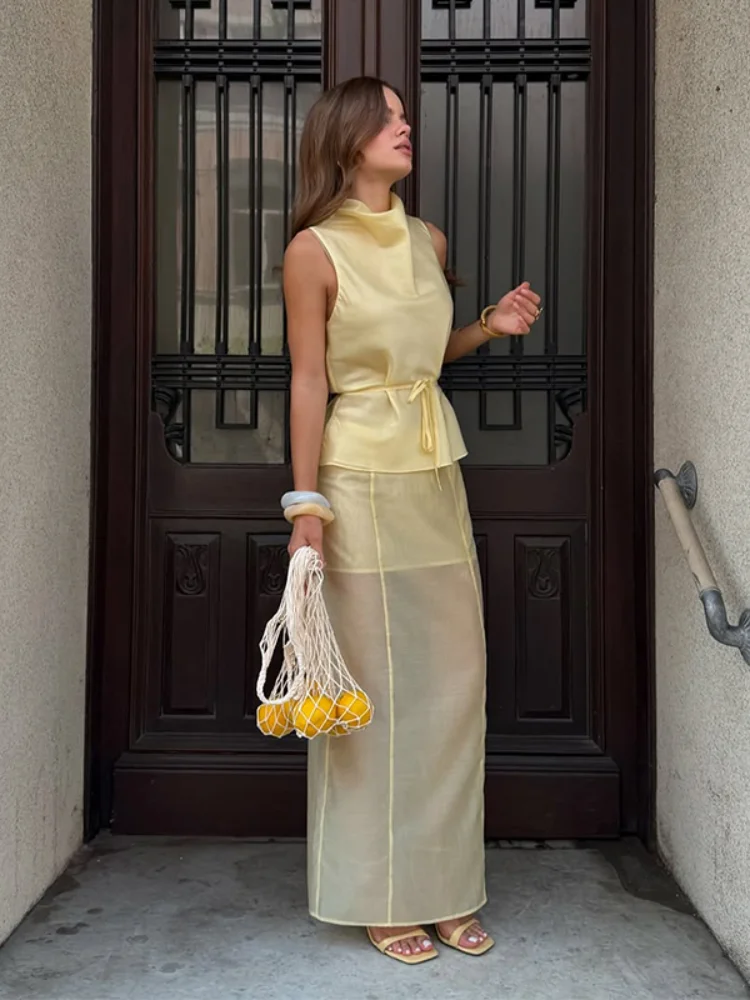 Summer Lace Up Top Skirt Sets Women Elegant Half-high Collar Sleeveless Top See Through Midi Skirts 2026 Holiday Female Suit