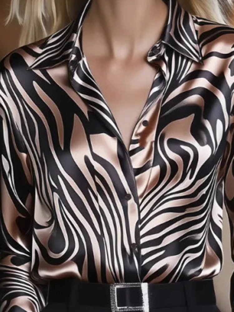 ファッション通勤 V ネックオフィスシャツ女性エレガントな抽象プリントサテンスリムブラウスカジュアル長袖ハイストリートプリーツトップス