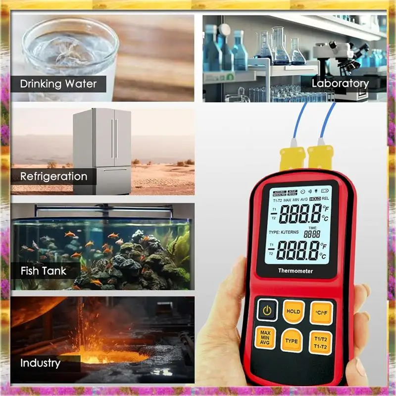 ABSU ميزان الحرارة الحراري الرقمي K نوع ميزان الحرارة مع 2 مشبك درجة الحرارة 2 مجسات الحرارية السلكية