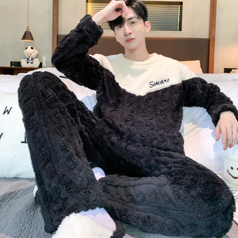 

Man Winter Clothing Pajamas Men Clothing Autumn Sportswear Youth Casual Wear Bath Clothes Flannel 2Pcs/set Y2K Homewear Thicken