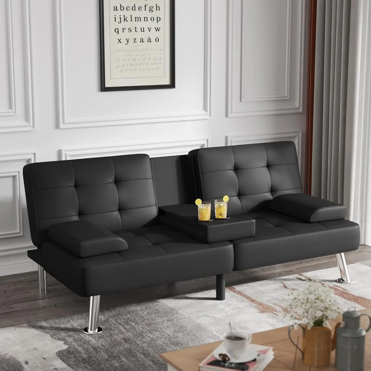 

Futon Sofa Bed Modern Folding Futon Set Convertible Recliner Lounge for Living Room with 2 Cup Holders,