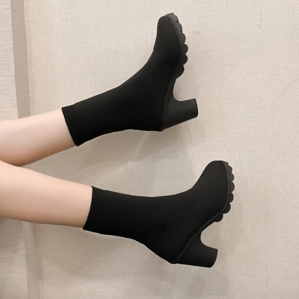 Classic Minimalist Solid Color Elastic Sock Boots for Women's Autumn Elegant High Heels, Slip on Elastic Knitted Ankle Boots
