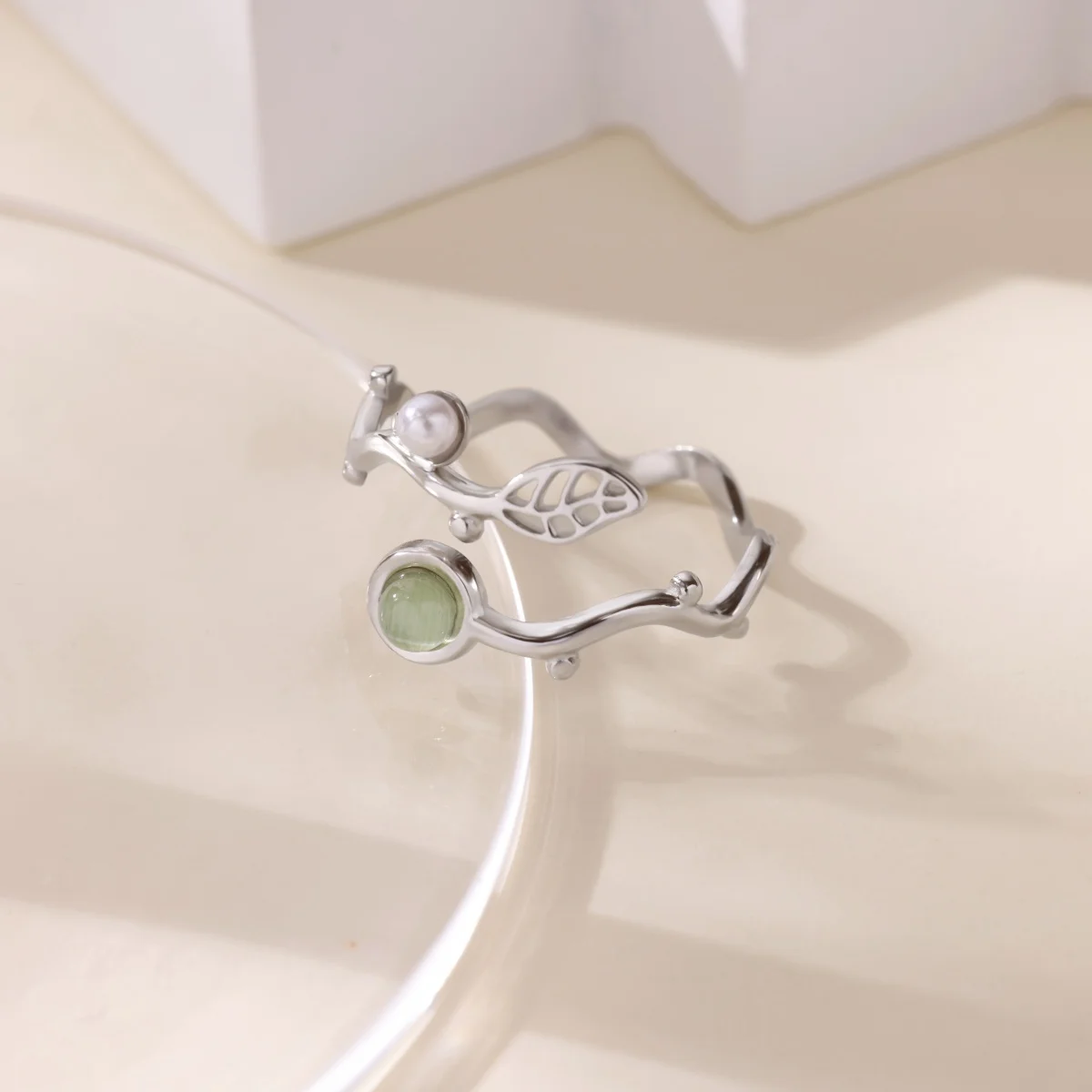 Green Leaf Wave Stainless Steel Rings 18K Gold-plated Anti Fading Open Ring for Women Wedding Jewelry Accessories Christmas Gift