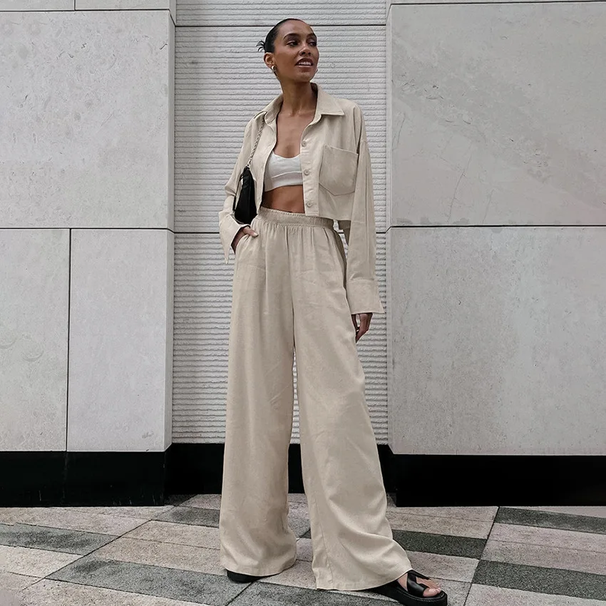 

Simple Casual Loose Khaki Shirt Trousers Two-piece Set Spring New Fashion Temperament Cotton And Linen Set