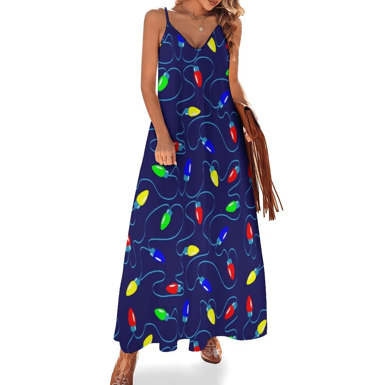 

Christmas Lights Christmas Print Sleeveless Long Dress party dresses women Dress