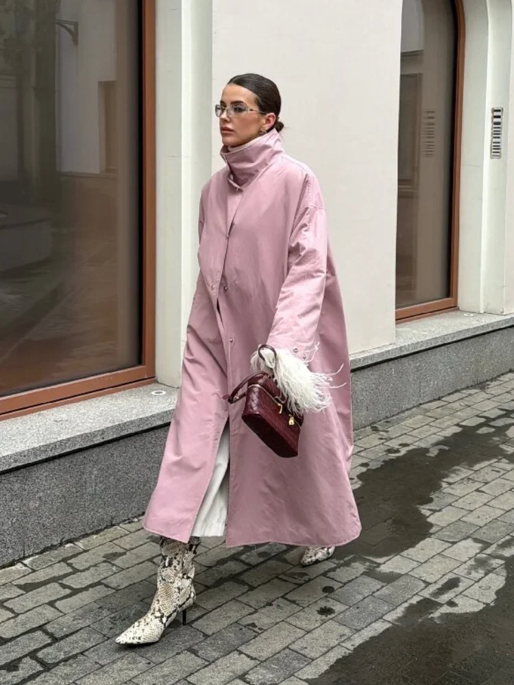 Damen Trenchcoat in Dusty Rose mit Stehkragen, Übergroße Maxi-Jacke mit Druckknopfleiste, Fallende Schultern, Leichter Loser Windbreaker – Detail 19