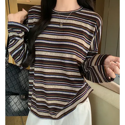 Retro Striped Women Crew Neck Top Relaxed Fit Long Sleeve Casual Versatile Essential Layering Spring Autumn T Shirt