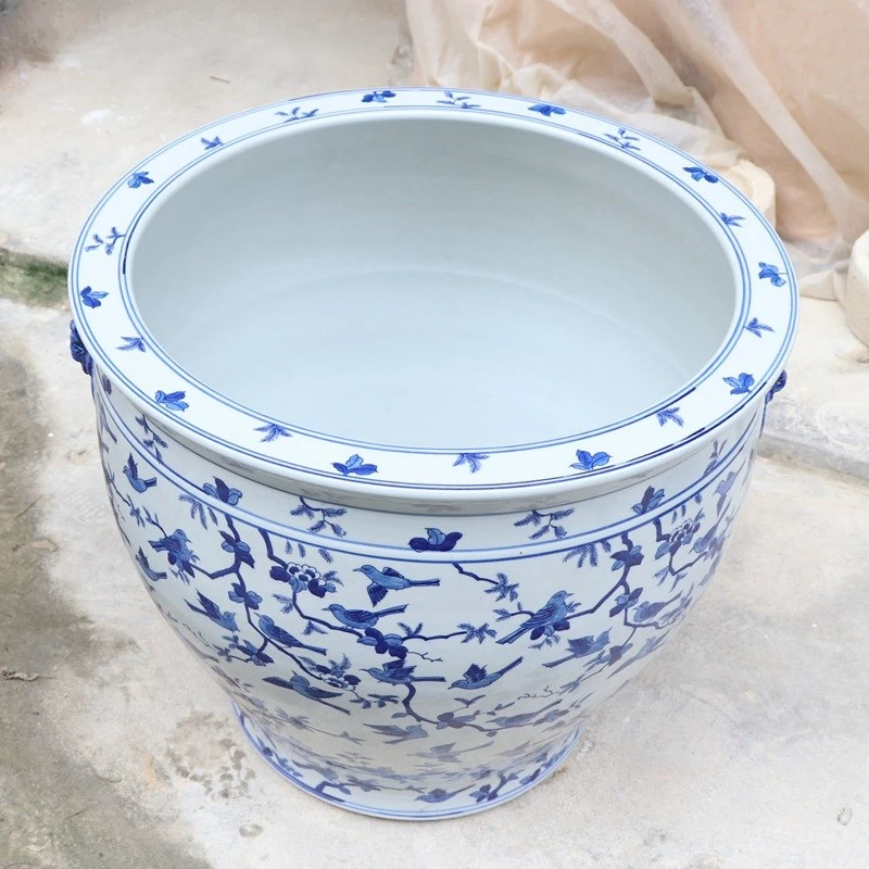 Ancient blue and white ceramic decorated with birds pattern fish bowl