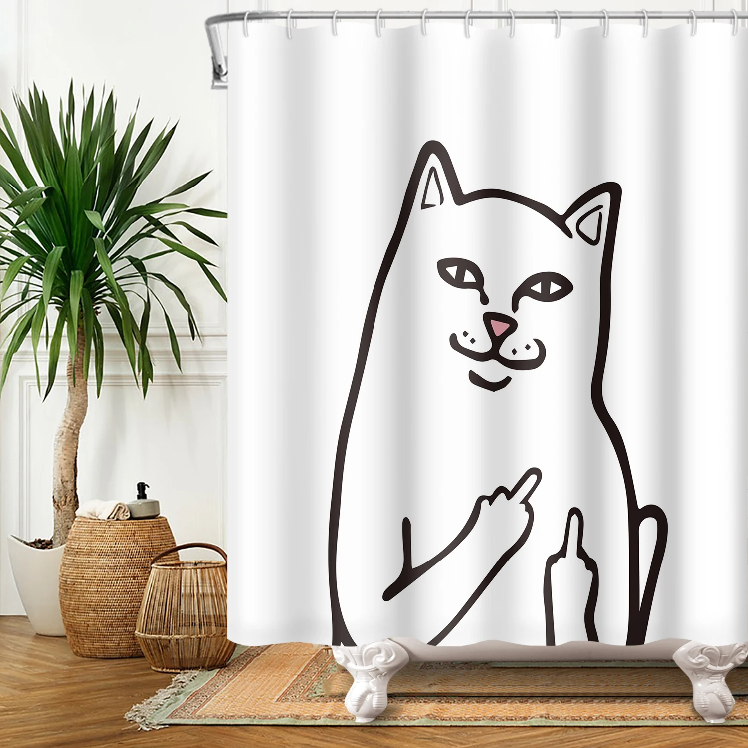 Funny Cat Shower Curtain Cute Animal Riding Whale Ocean Wave Fish Print Waterproof Polyester Fabric