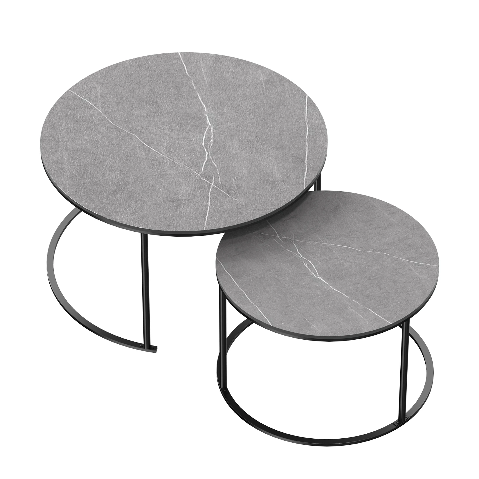 Modern Nesting Round Grey Marble Top Coffee Table Set Sintered Stone Table Metal Legs Home Furniture