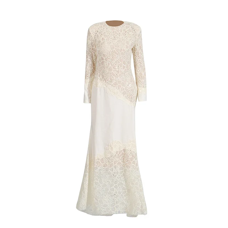 Weißes Spitzen-Meerjungfrauenkleid mit Langen Ärmeln, O-Ausschnitt, Figurbetontes Maxikleid, Elegantes Damenkleid für Hochzeit, Party, Formelle Anlässe und Abschlussball – Detail 15