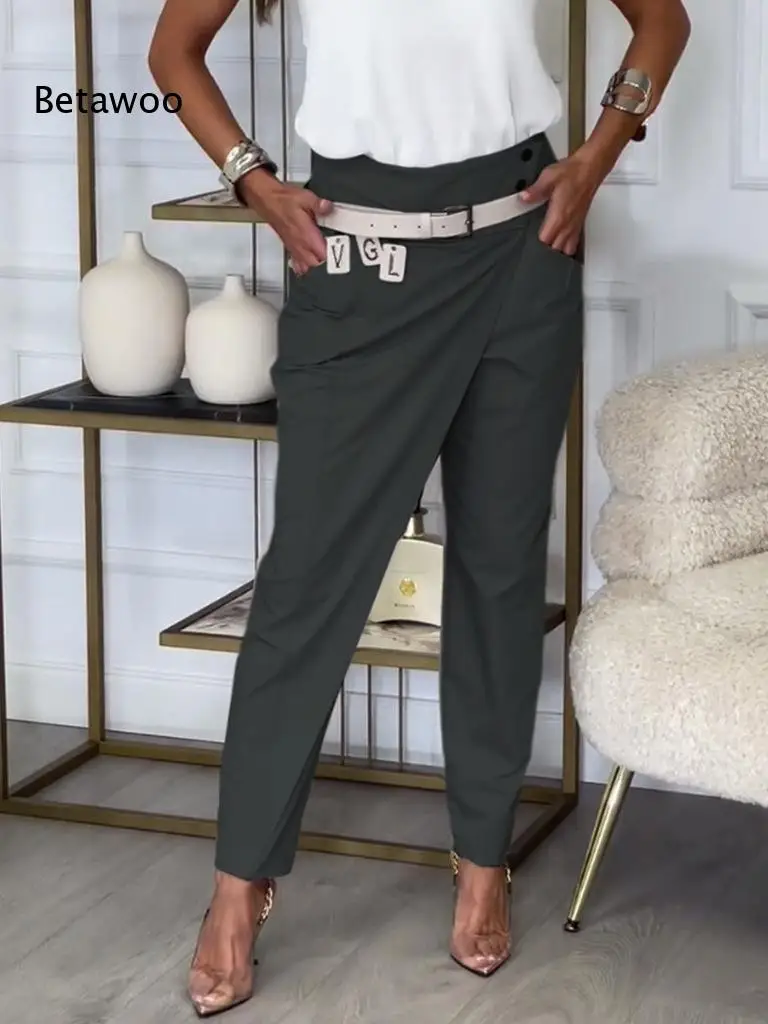 Solid Color Irregular Wrap Front Slim Casual Pants High Waist Elegant Office Daily Trousers for Women
