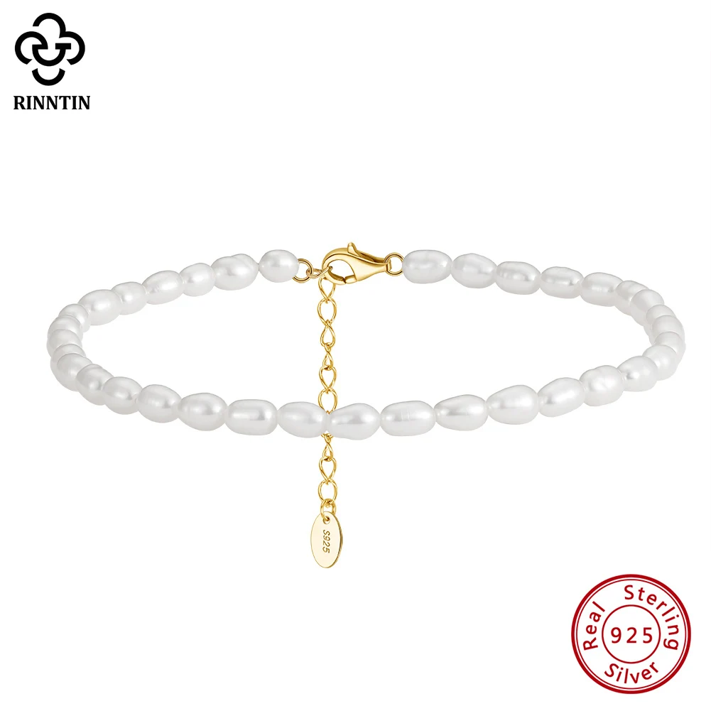 

Rinntin 925 Sterling Silver Natural Rice Pearl Anklets for Women Fashion 14K Gold Foot Bracelet Ankle Straps Jewelry SA38