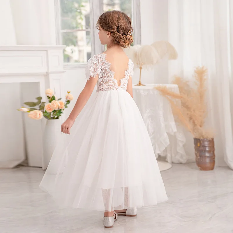

Party Dresses For Flower Girls White Lace Embroidery Princess Dress For Children Wedding Birthday Pageant First Communion Gown