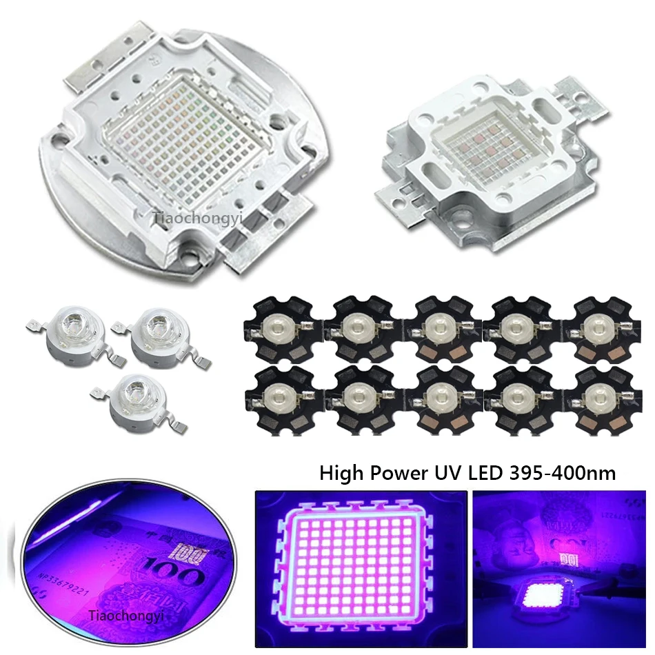 Chip LED ultravioleta UV de alta potencia, 395nm, 3W, 5W, 10W, 20W, 50W, 100W, color púrpura