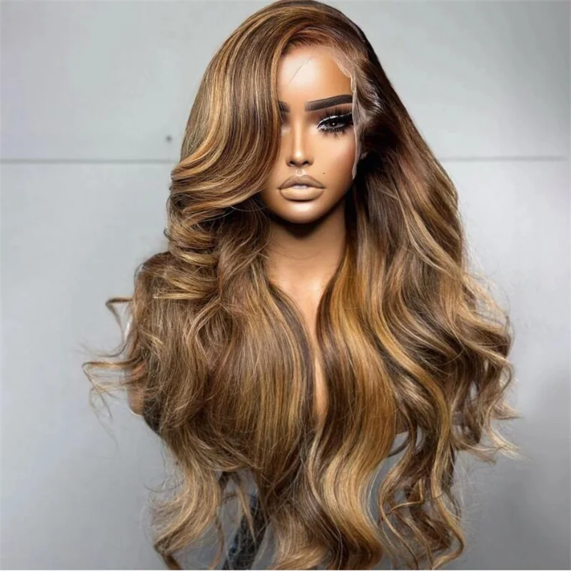 

Soft Preplucked Glueless 26 Inch 180% Density Long Natural Wave Ombre Blond Color Lace Front Wig Fiber Preplucked Wig