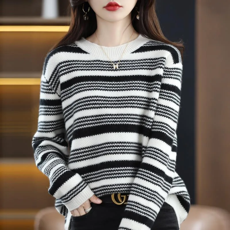 2024 Cotton Sweater Curled O-neck Strip Pullover Autumn Winter Casual Knit Clothing Fashion Soft Bottoming Sweater Tops LX186