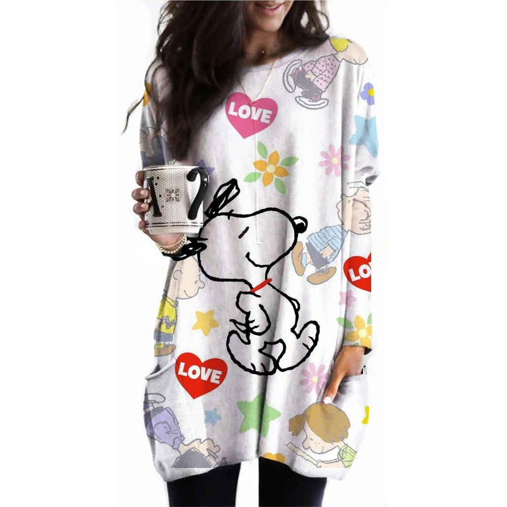 2024 Women\'s Long Sleeve Pocket Waist Top Snoopy Printed Women\'s Casual Loose Hoodie Plus Size Clothing