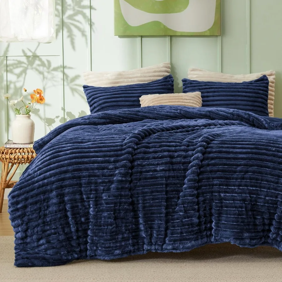 

Queen Size Fluffy Comforter Set - Super Soft Navy Faux Fur Winter Bedding 3 Pieces including Shaggy Plush Fleece Comforter and