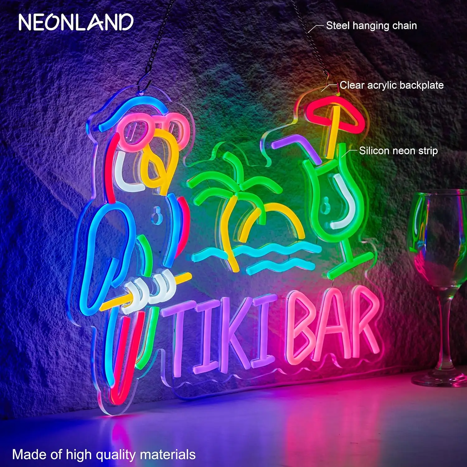 Letreiro Neon Tiki Bar Papagaio e Palmeira, Luz de Parede Artística para Negócios, Luz Neon LED USB para Decoração de Restaurantes, Clubes de Cerveja,