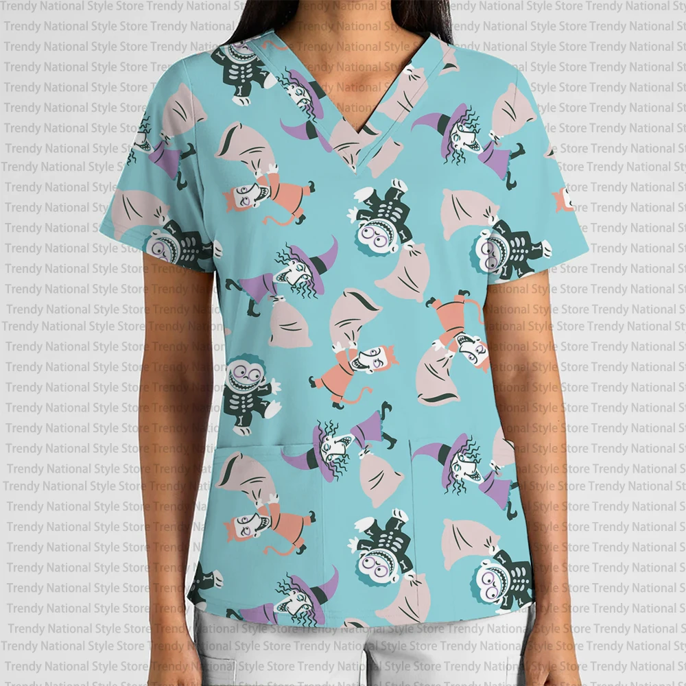Women's V-Neck Scrub Top Hospital Uniform The Nightmare Before Christmas Jack and Sally Print Nursing Clothes Pet Shop T-shirt