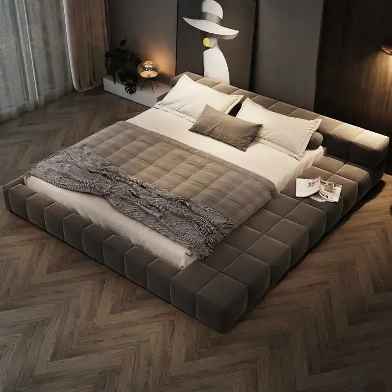 Velvet Tatami Bed Steel Wood Bed Frame Embedded Mattress Italian Minimalism Bedroom Furniture Nordic King Size Light Luxury