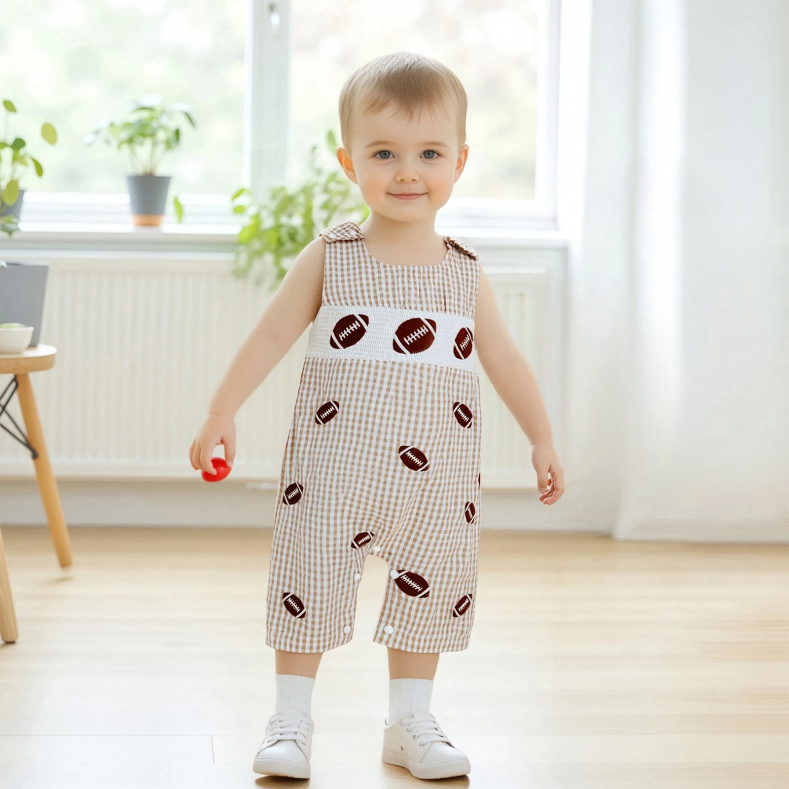 

Baby Boy Football Embroidered Overalls Romper Plaid Smocked Shorts Jumpsuit Newborn Cute Summer Clothes