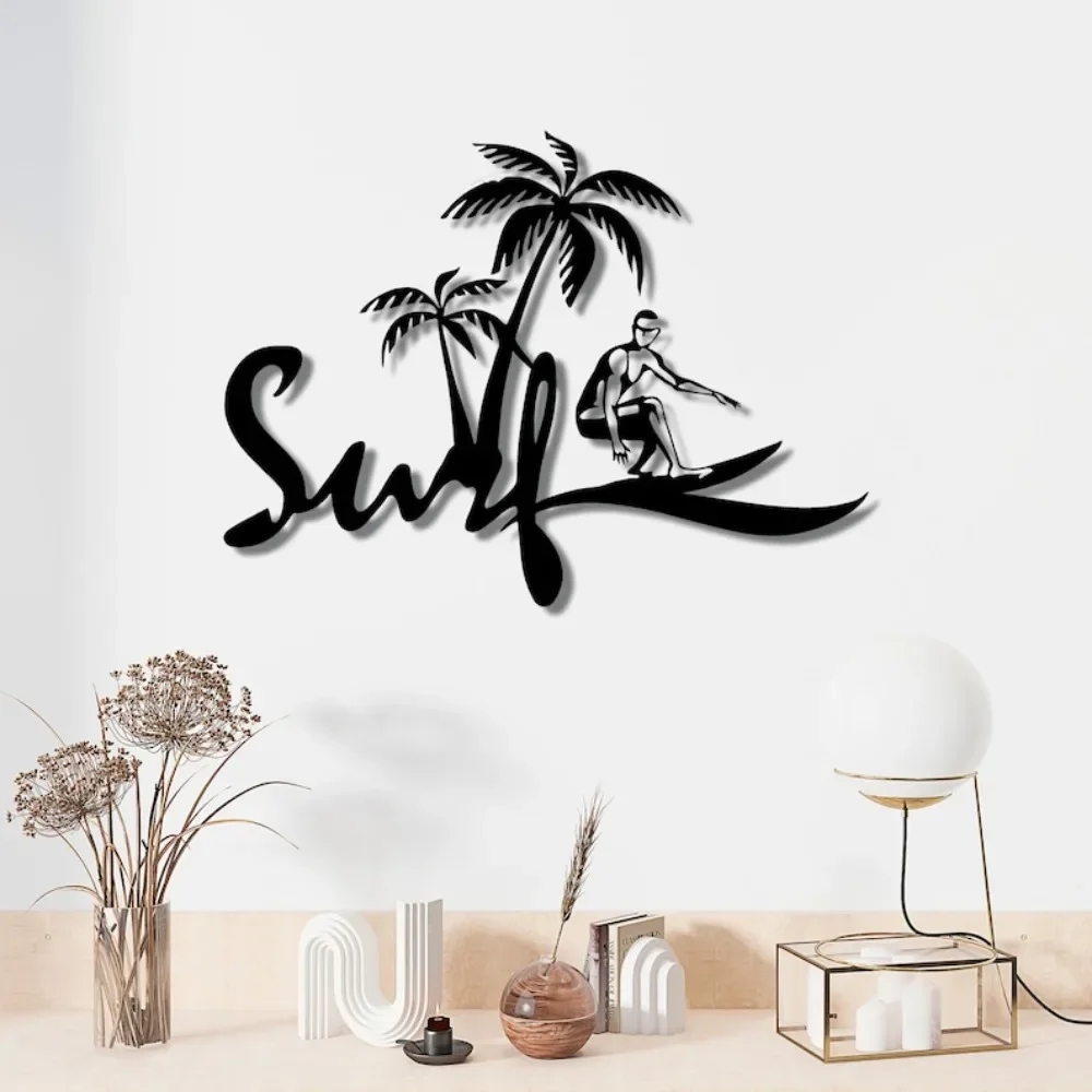 Pretty Surfer Palm Tree Iron Wall Art, Surf Letter Beach‑Style Metal Decor Ornament Bedroom Living Room Coastal Home Decoration